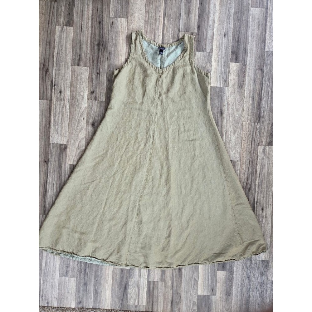 Vintage 2000s Eileen Fisher Linen Dress Olive Cross Dye Lagenlook Midi Coastal M